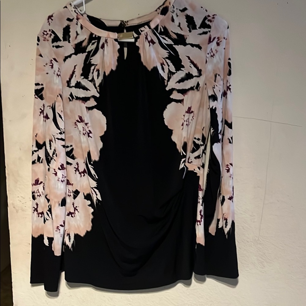 Calvin Klein Black and Pink Ruched Long Sleeve Blouse